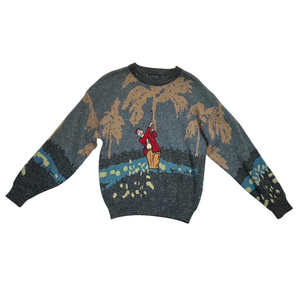 Pagliano Sweater Mens Golf Applique Palm Trees Golfer Vintage